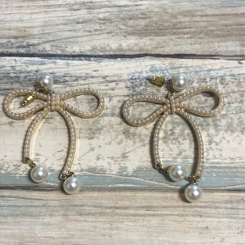 Large Bow Pearls EARRINGS Gold Tone‎ Drop Dangle Pave Mini Pearls 2.5" Statement
